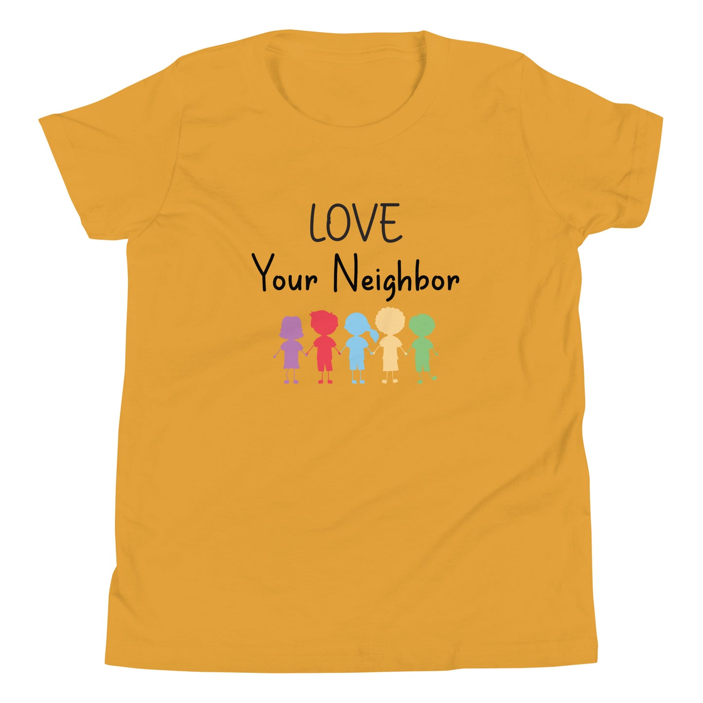 Mustard yellow short sleeve unisex youth sized t-shirt that says Love your neighbor with 5 children in different cute solid colors holding hands. 
