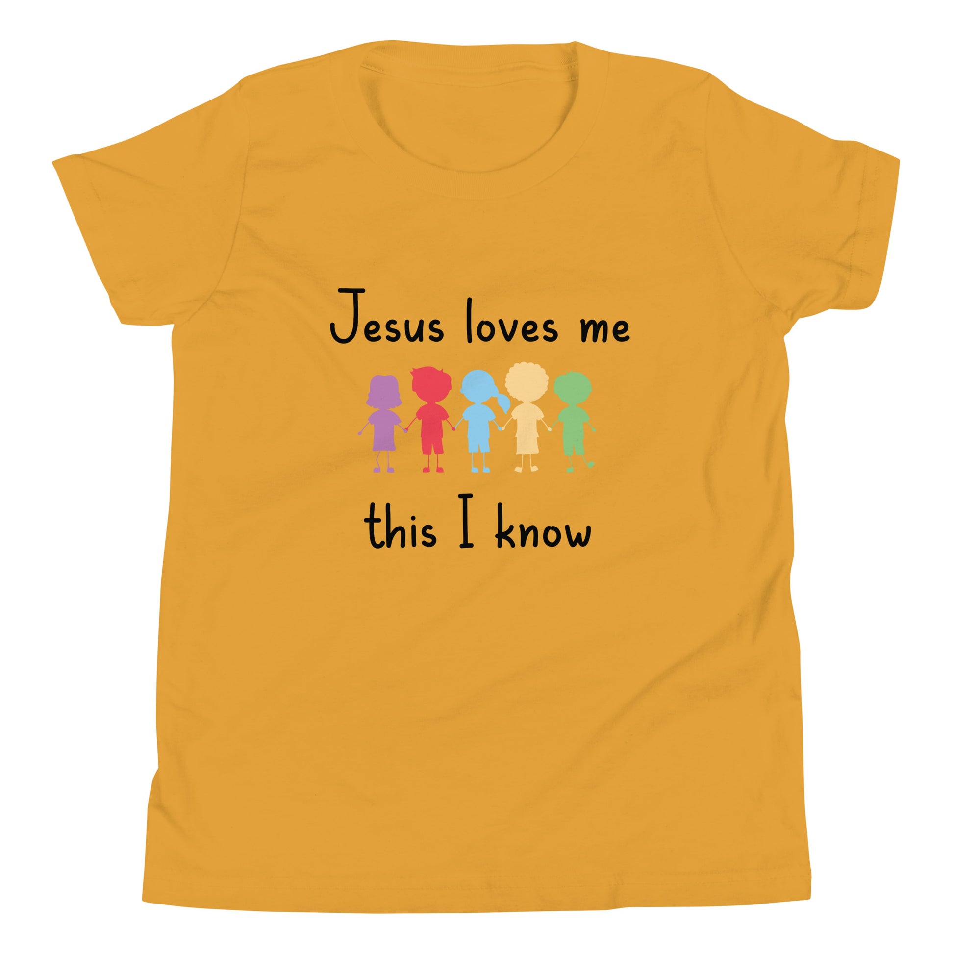 Mustard color short sleeve unisex youth sized t-shirt that says Jesus Loves Me This I Know with 5 children in different cute solid colors holding hands. 