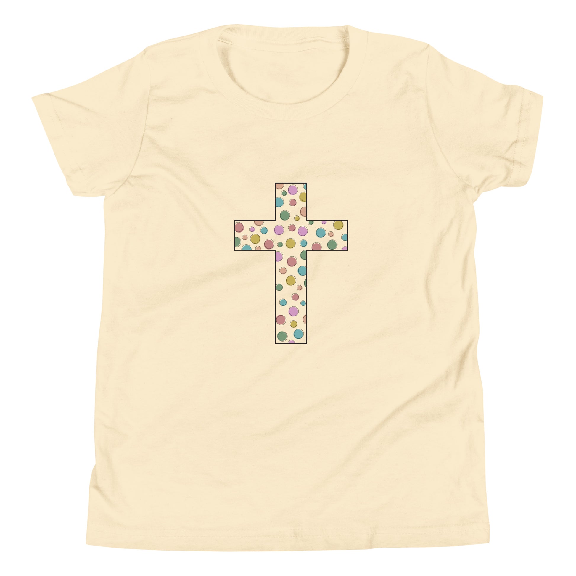 cream youth sized unisex short sleeve t-shirt with a multi-colored polka dot Chrisitan cross. 