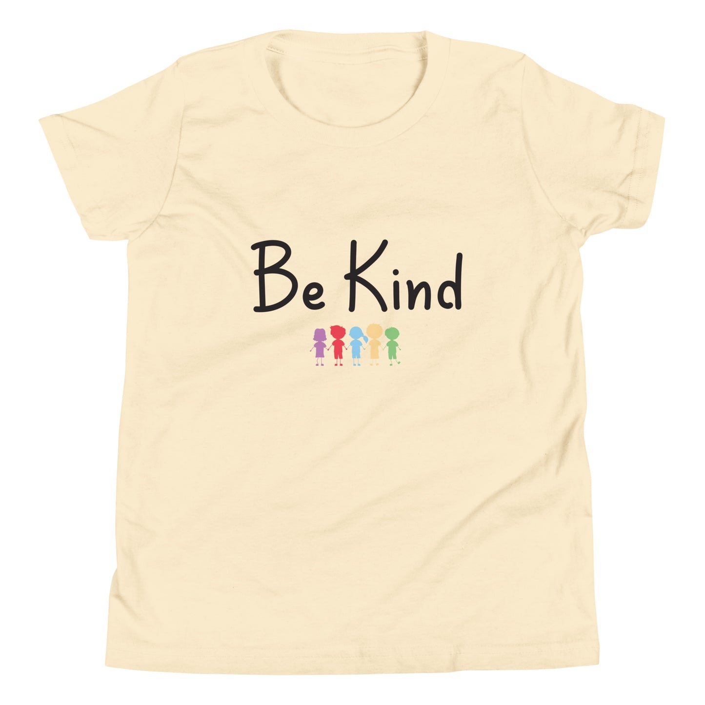Cream youth sized unisex tee that says Be Kind with 5 children in different cute solid colors holding hands. 
