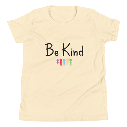 Cream youth sized unisex tee that says Be Kind with 5 children in different cute solid colors holding hands. 