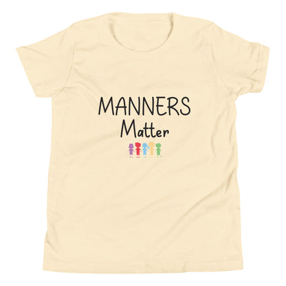 Cream short sleeve unisex youth sized t-shirt that says Manners Matter with 5 solid multi-colored kids holding hands. 
