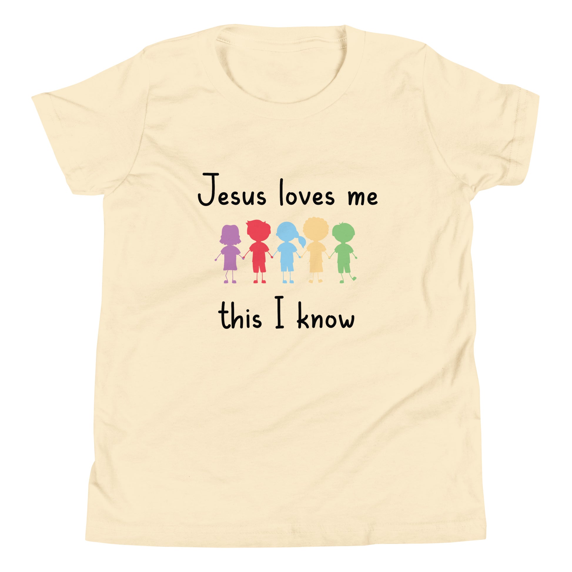 Natural color short sleeve unisex youth sized t-shirt that says Jesus Loves Me This I Know with 5 children in different cute solid colors holding hands. 