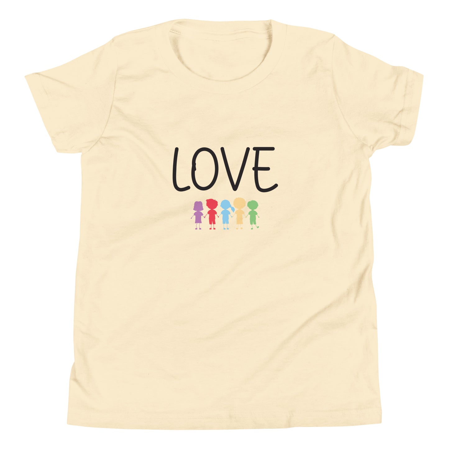 Youth sized short sleeve t-shirt that says LOVE in all caps with 5 colorful kids holding hands. 