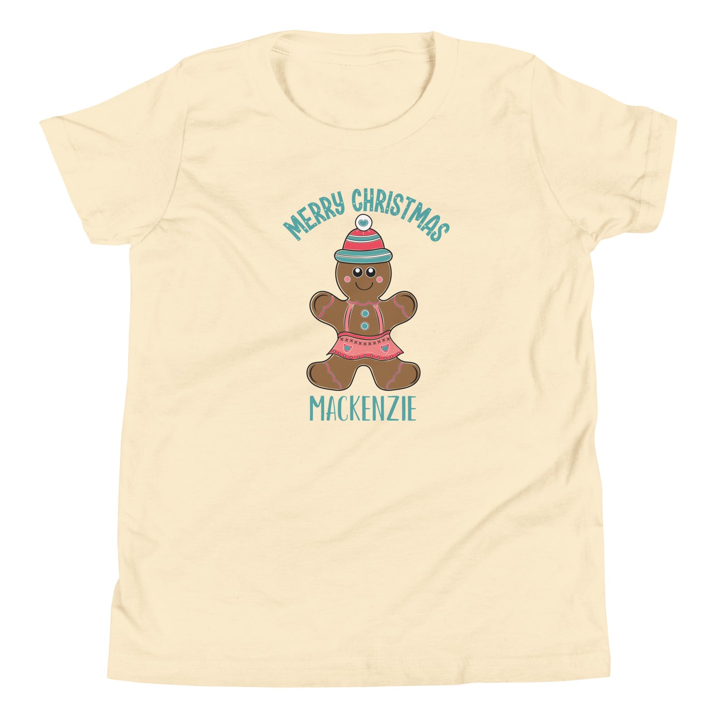 Cream Youth sized short sleeve t-shirt that says Merry Christmas with a gingerbread girl and a child's name below.  