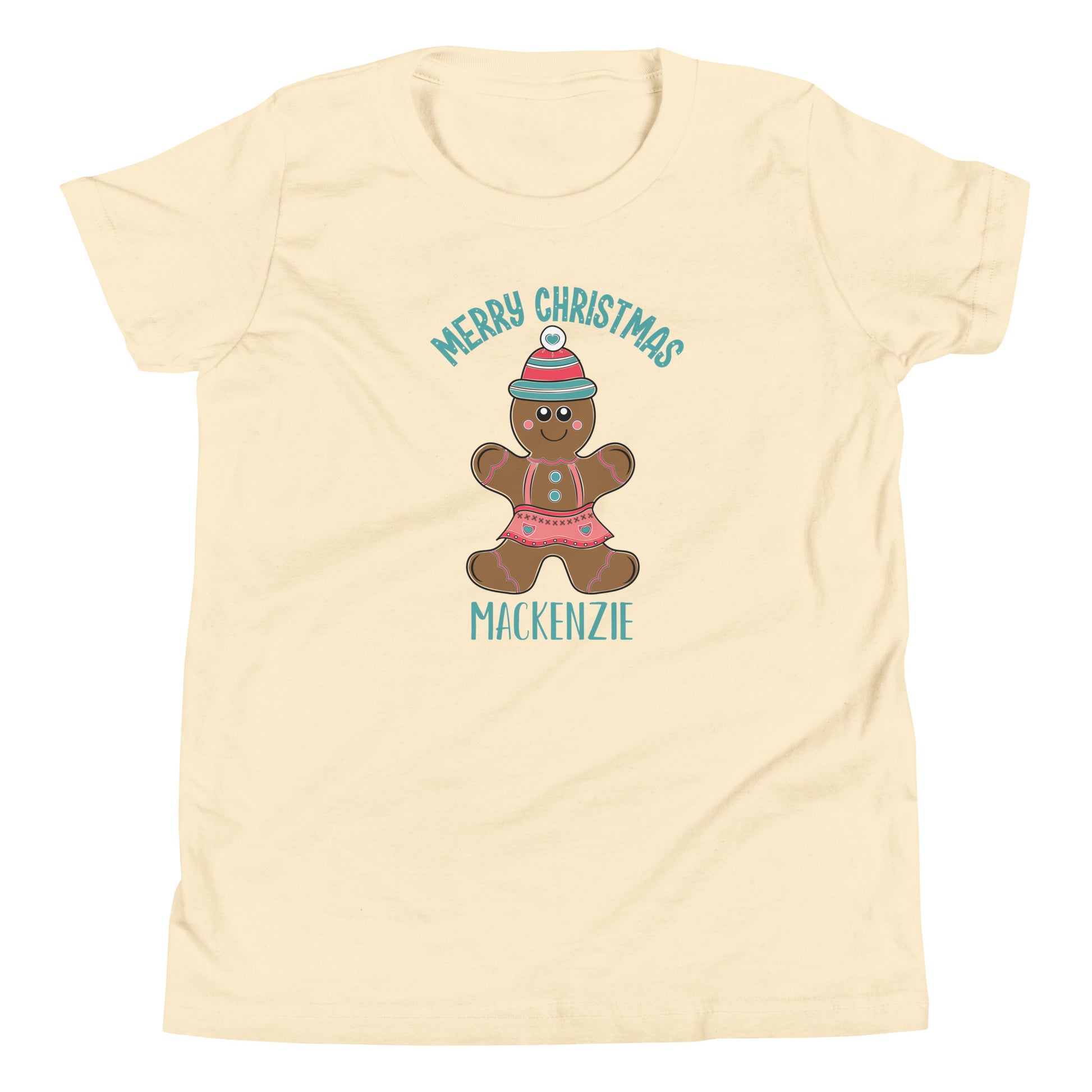 Cream Youth sized short sleeve t-shirt that says Merry Christmas with a gingerbread girl and a child's name below.  