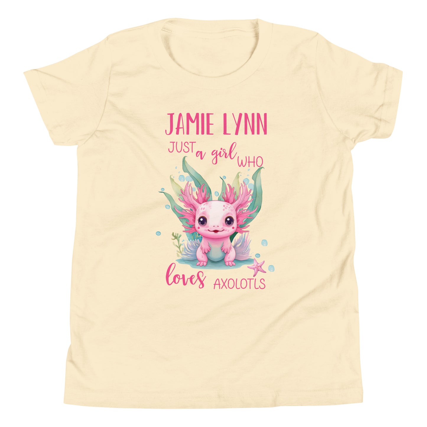 Personalized with child's name "Just a Girl who Loves Axolotls" Youth Short Sleeve T-Shirt.