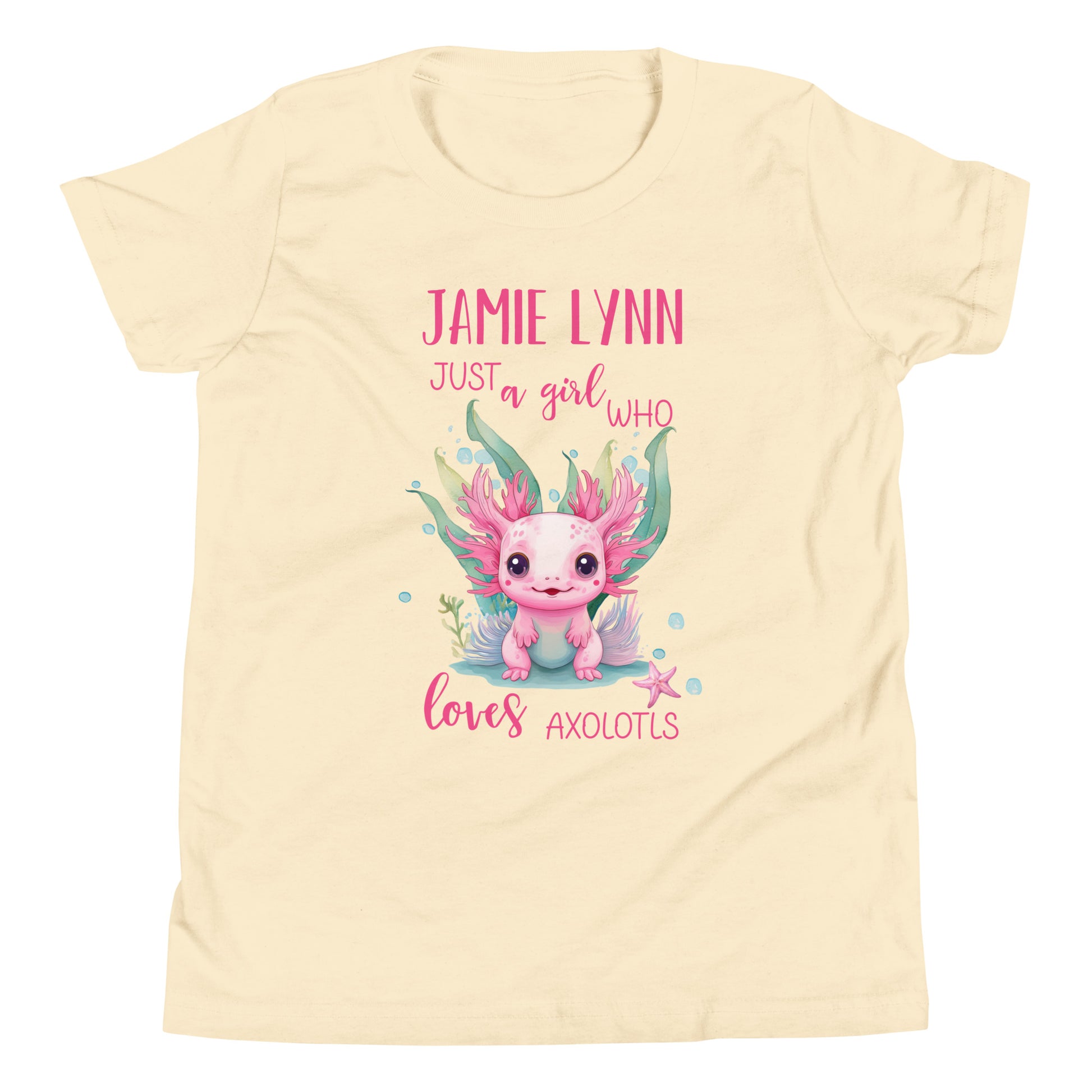 Personalized with child's name "Just a Girl who Loves Axolotls" Youth Short Sleeve T-Shirt.