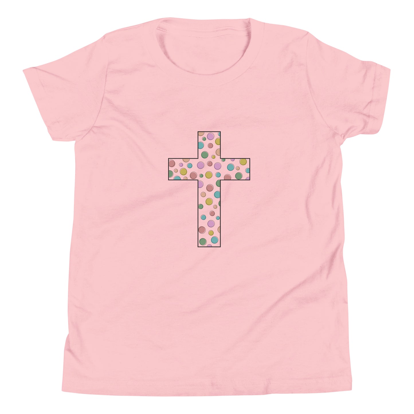Pink youth sized unisex short sleeve t-shirt with a multi-colored polka dot Chrisitan cross. 