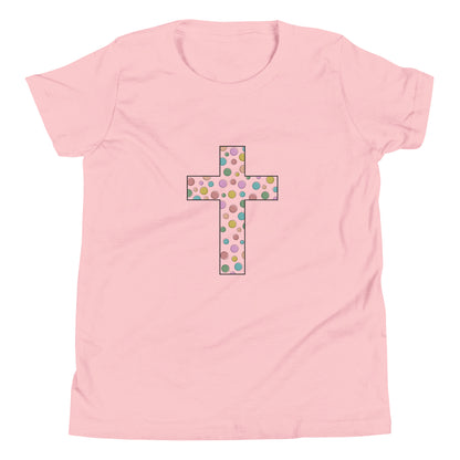 Pink youth sized unisex short sleeve t-shirt with a multi-colored polka dot Chrisitan cross. 
