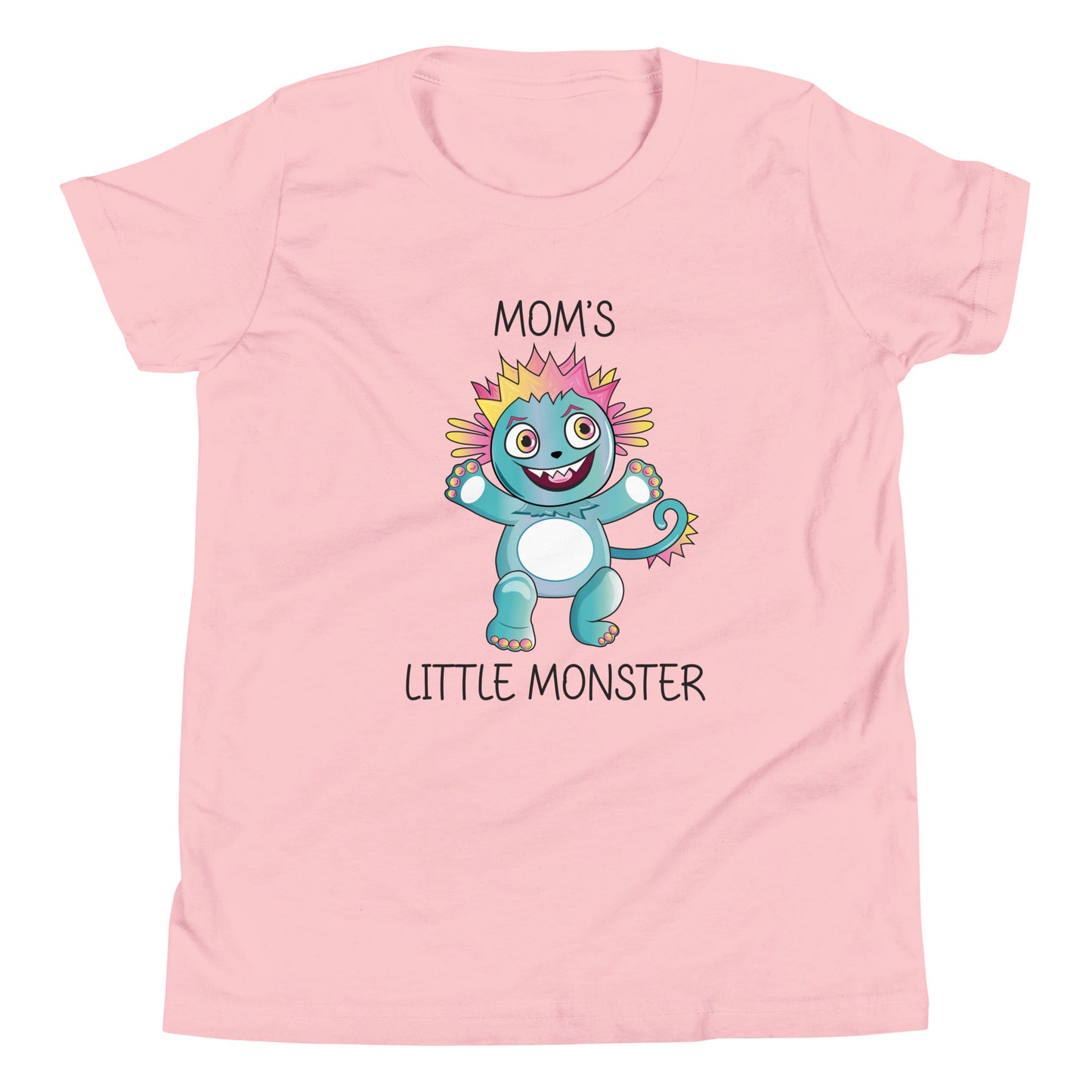 Pink youth sized unisex t-shirt that has a cute monster and says 'Mom's Little Monster'. 