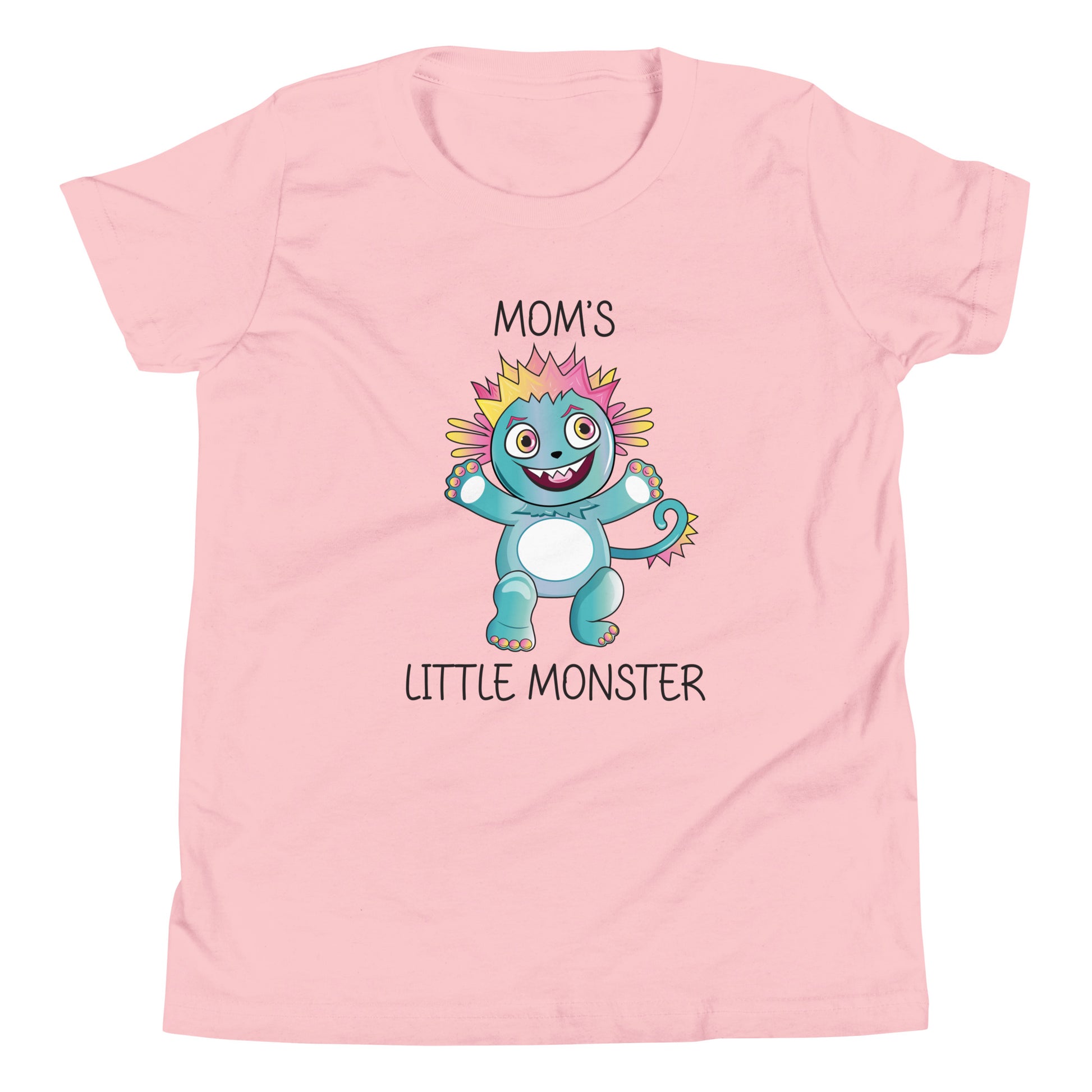 Pink youth sized unisex t-shirt that has a cute monster and says 'Mom's Little Monster'. 