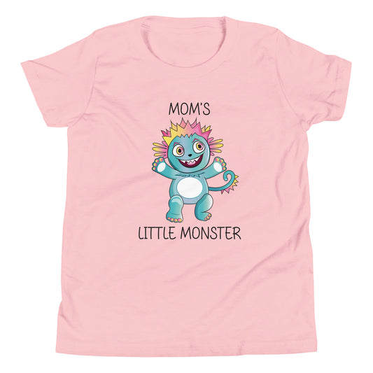 Pink youth sized unisex t-shirt that has a cute monster and says 'Mom's Little Monster'. 