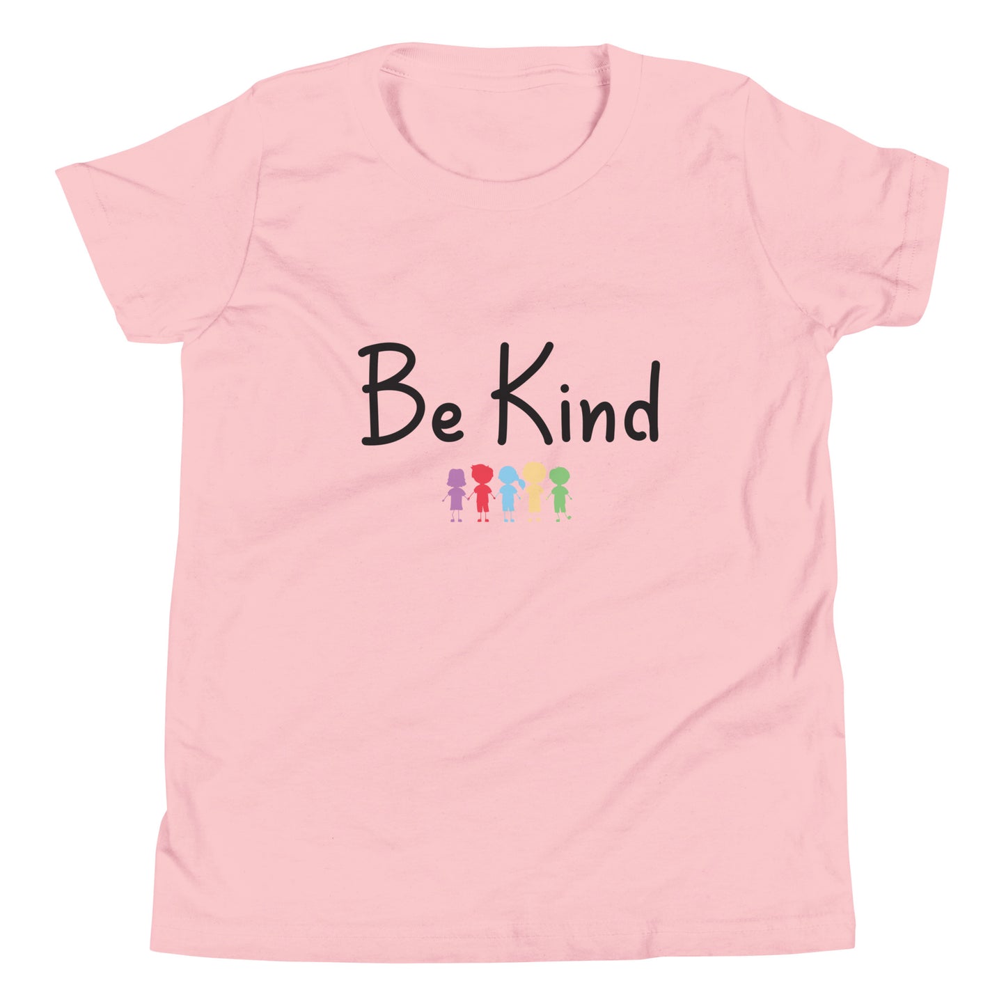 Pink youth sized unisex tee that says Be Kind with 5 children in different cute solid colors holding hands. 