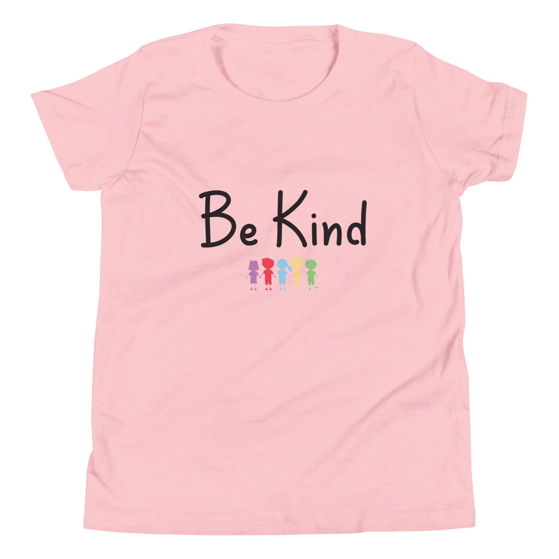 Pink youth sized unisex tee that says Be Kind with 5 children in different cute solid colors holding hands. 