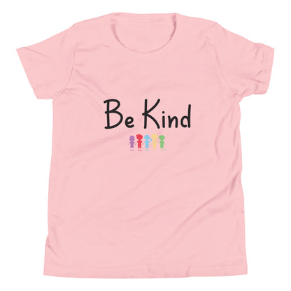 Pink youth sized unisex tee that says Be Kind with 5 children in different cute solid colors holding hands. 