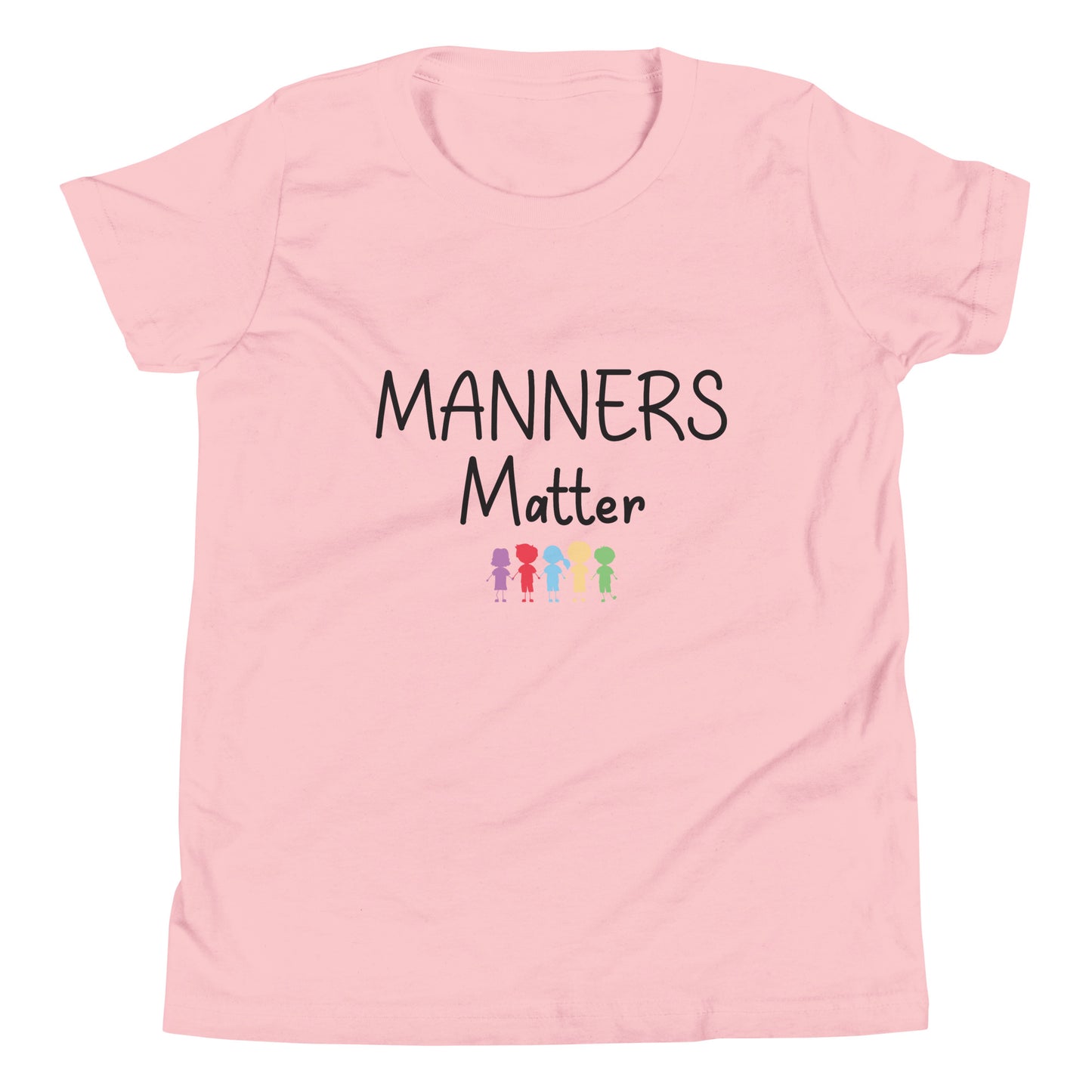Pink short sleeve unisex youth sized t-shirt that says Manners Matter with 5 solid multi-colored kids holding hands. 