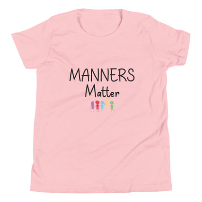 Pink short sleeve unisex youth sized t-shirt that says Manners Matter with 5 solid multi-colored kids holding hands. 