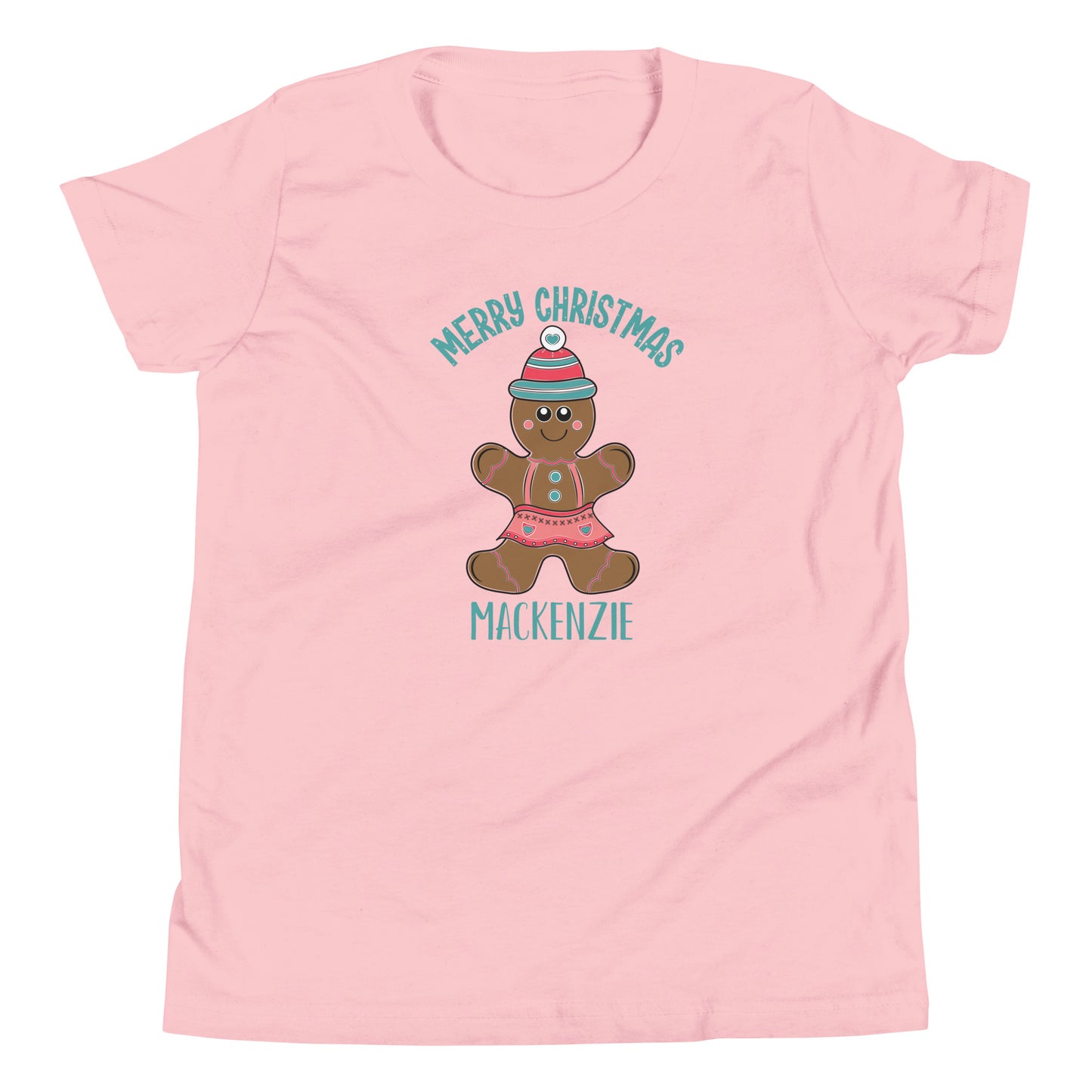 Personalized with childs name Merry Christmas Gingerbread Girl Youth Short Sleeve pink T-Shirt.