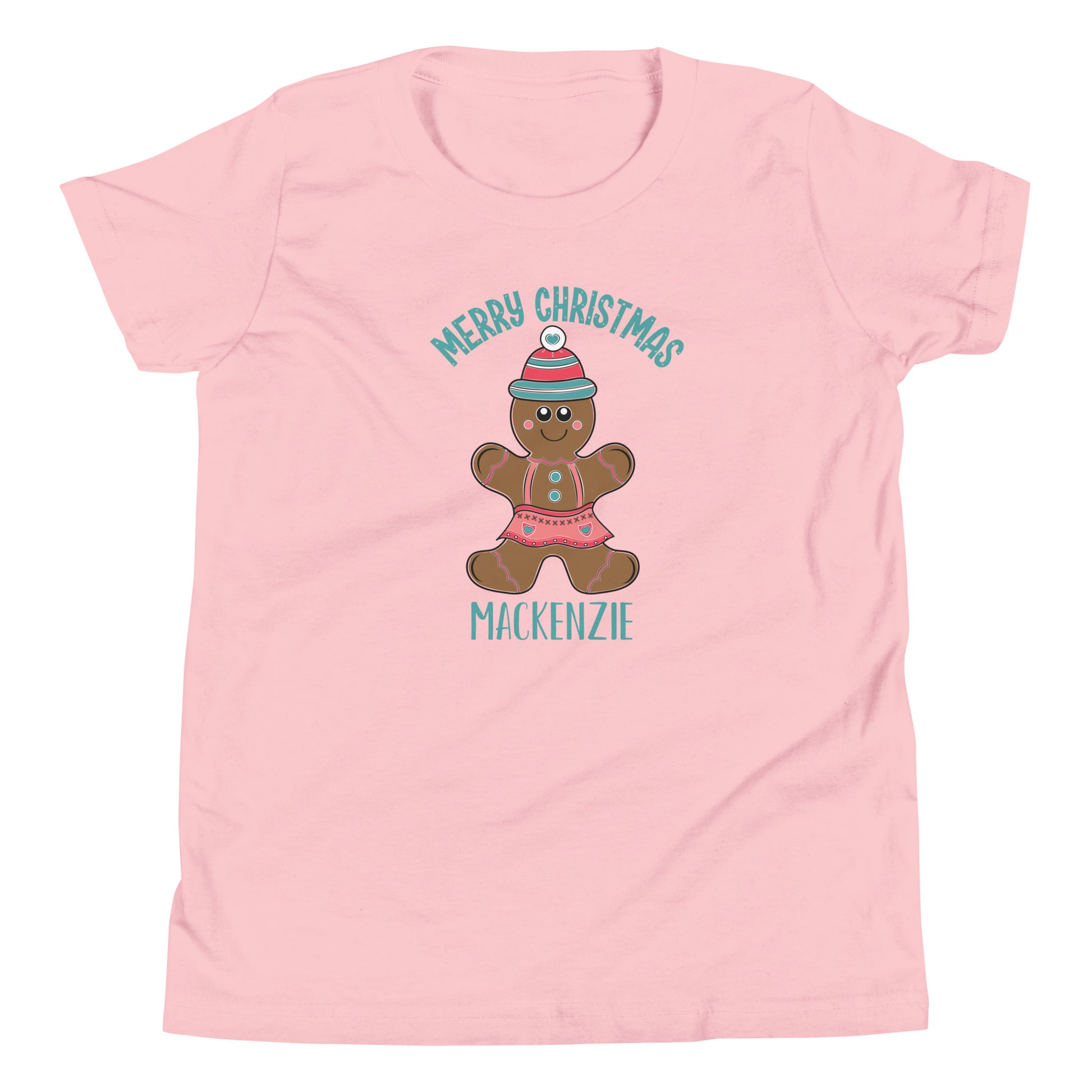 Personalized with childs name Merry Christmas Gingerbread Girl Youth Short Sleeve pink T-Shirt.
