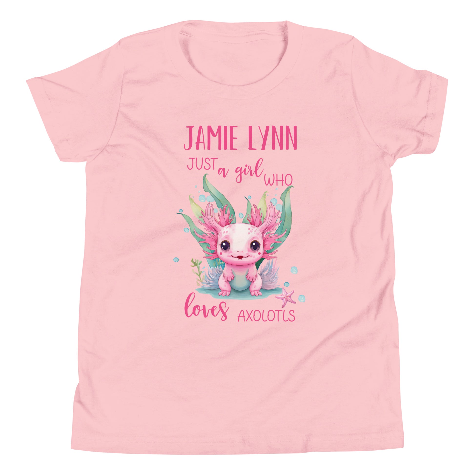 Personalized with child's name "Just a Girl who Loves Axolotls" Youth Short Sleeve T-Shirt