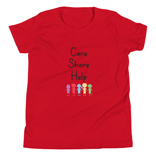 Red short sleeve unisex youth sized t-shirt that says Care Share Help with multi-colored solid kids holding hands.