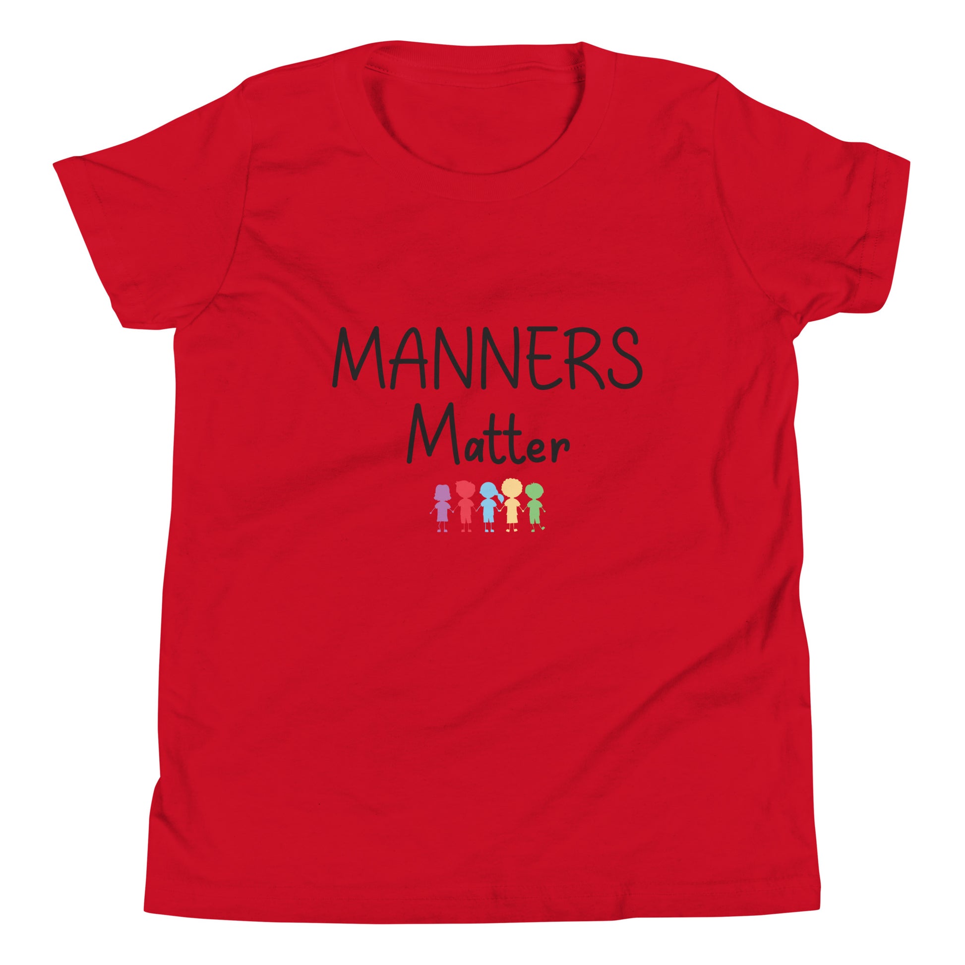 Red short sleeve unisex youth sized t-shirt that says Manners Matter with 5 solid multi-colored kids holding hands. 