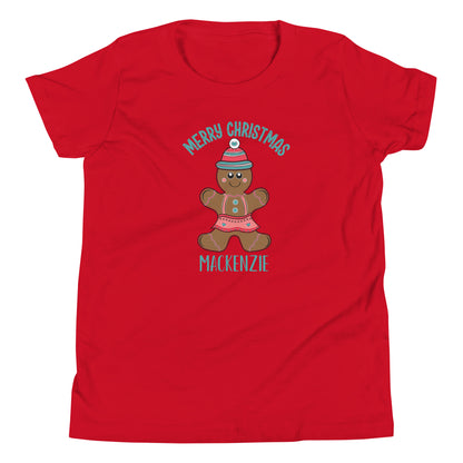 Personalized with childs name Merry Christmas Gingerbread Girl Youth Short Sleeve red T-Shirt.