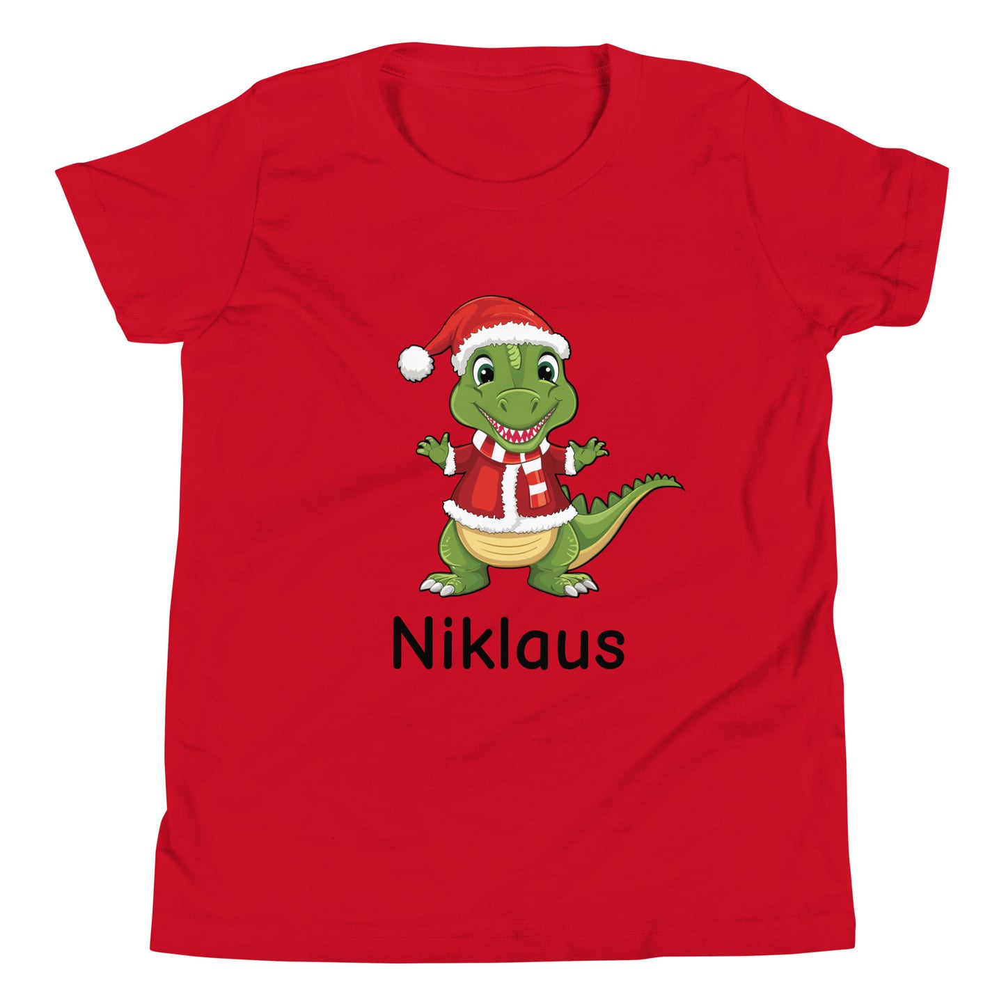Personalized Dinosaur Santa Youth Short Sleeve Red Tee.