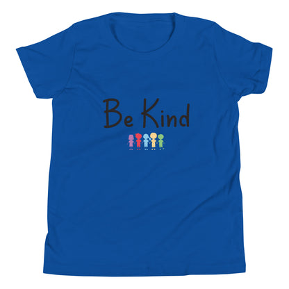 Royal blue youth sized unisex tee that says Be Kind with 5 children in different cute solid colors holding hands. 