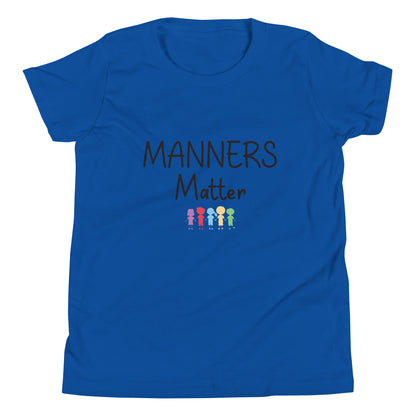Royal blue short sleeve unisex youth sized t-shirt that says Manners Matter with 5 solid multi-colored kids holding hands. 