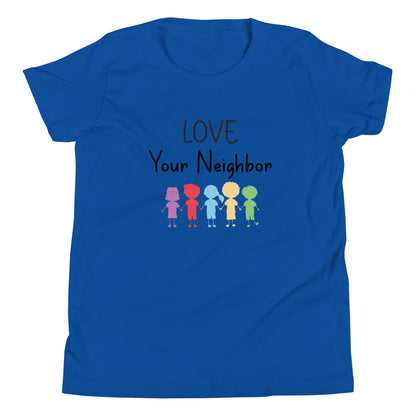 Royal blue short sleeve unisex youth sized t-shirt that says Love your neighbor with 5 children in different cute solid colors holding hands. 