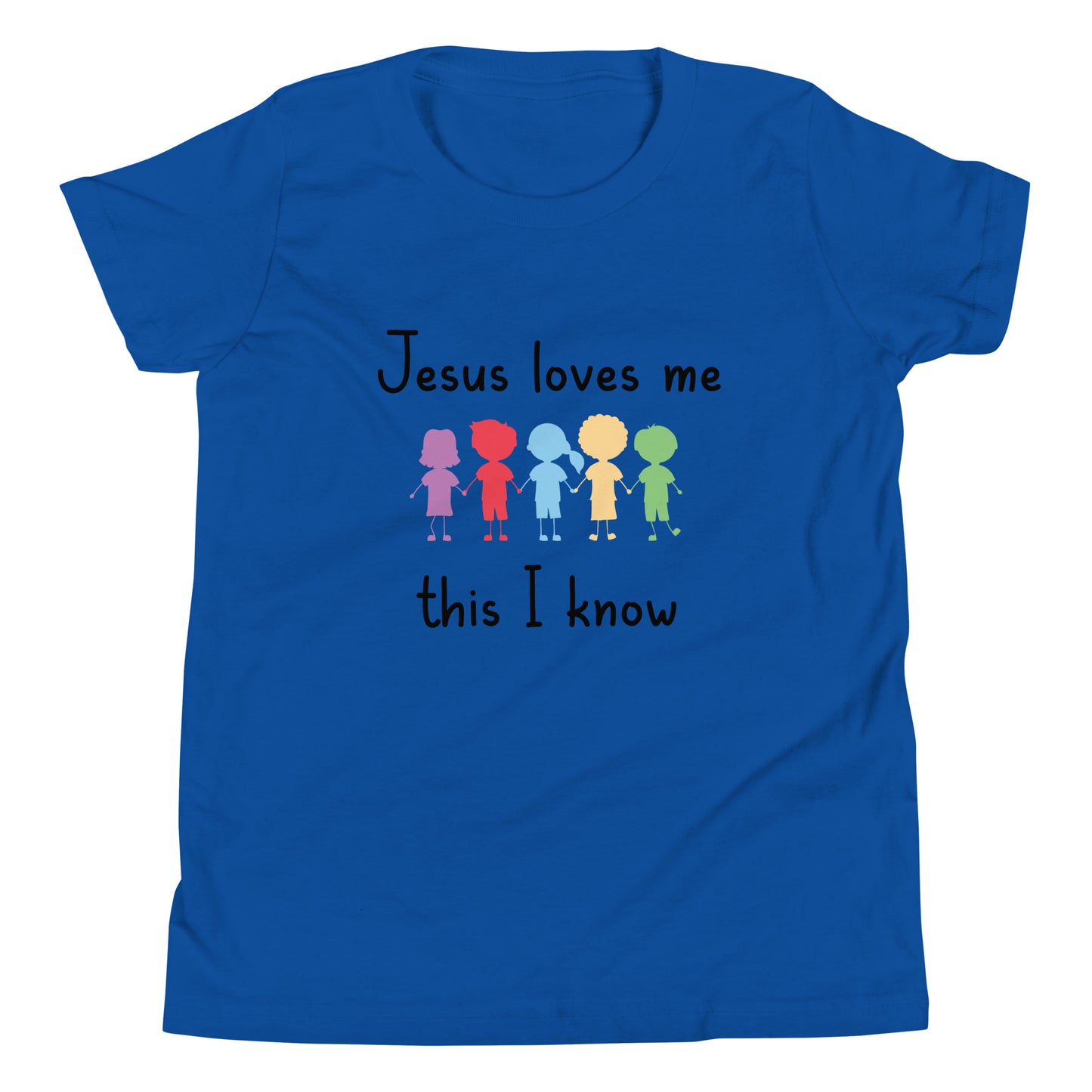 Royal blue short sleeve unisex youth sized t-shirt that says Jesus Loves Me This I Know with 5 children in different cute solid colors holding hands. 