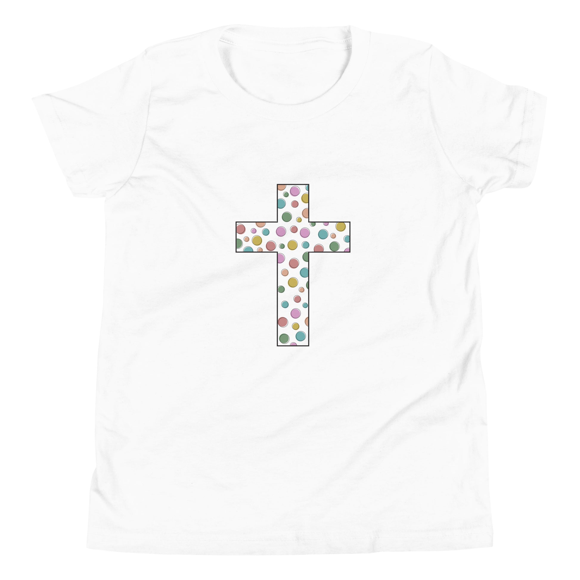 White youth sized unisex short sleeve t-shirt with a multi-colored polka dot Chrisitan cross. 