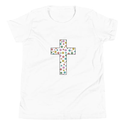 White youth sized unisex short sleeve t-shirt with a multi-colored polka dot Chrisitan cross. 