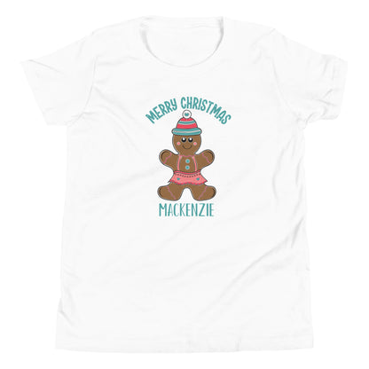 Personalized with childs name Merry Christmas Gingerbread Girl Youth Short Sleeve white T-Shirt